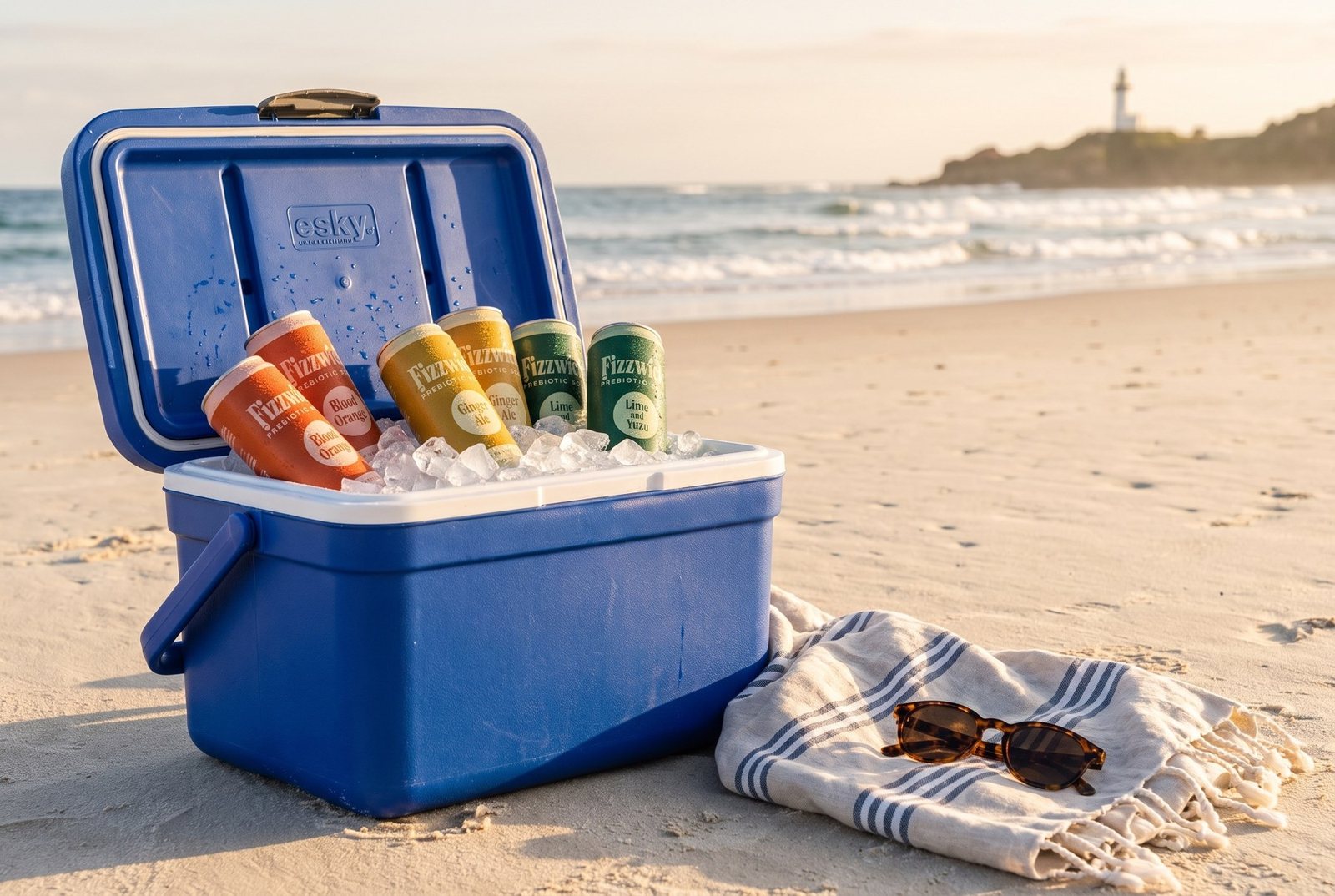 Fizzwick cans in an esky on the sand at Byron Bay